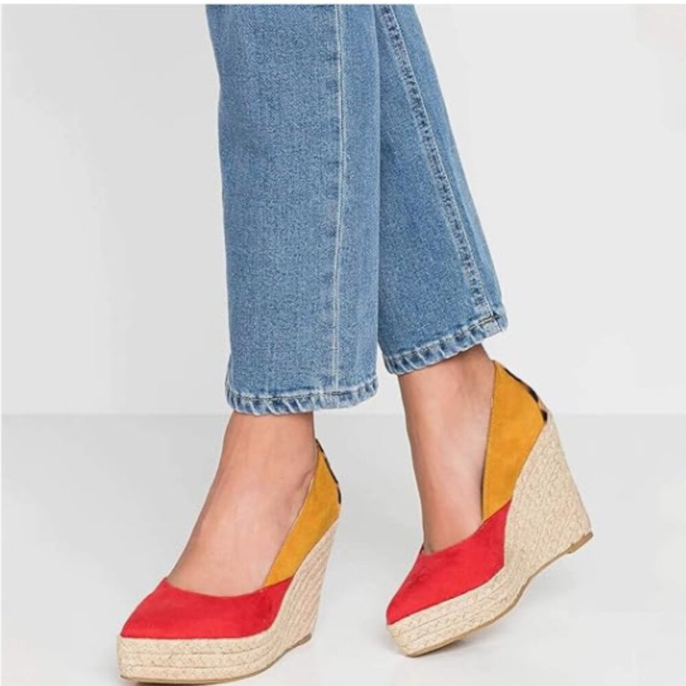 Colorblock Espadrille Wedge Heels in Red and Mustard
